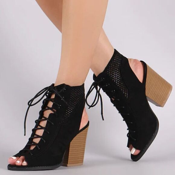 Qupid Perforated Black Faux Suede Open Toe Lace Up Cut Out Ankle Heels - Picture 1 of 15